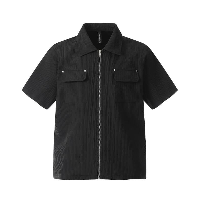 Men Short Sleeve Textured Zip Up Shirt Loose Fit Casual Summer Top - Image 7