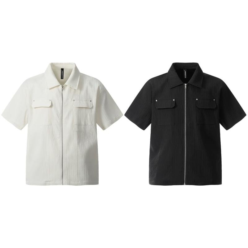 Men Short Sleeve Textured Zip Up Shirt Loose Fit Casual Summer Top - Image 5