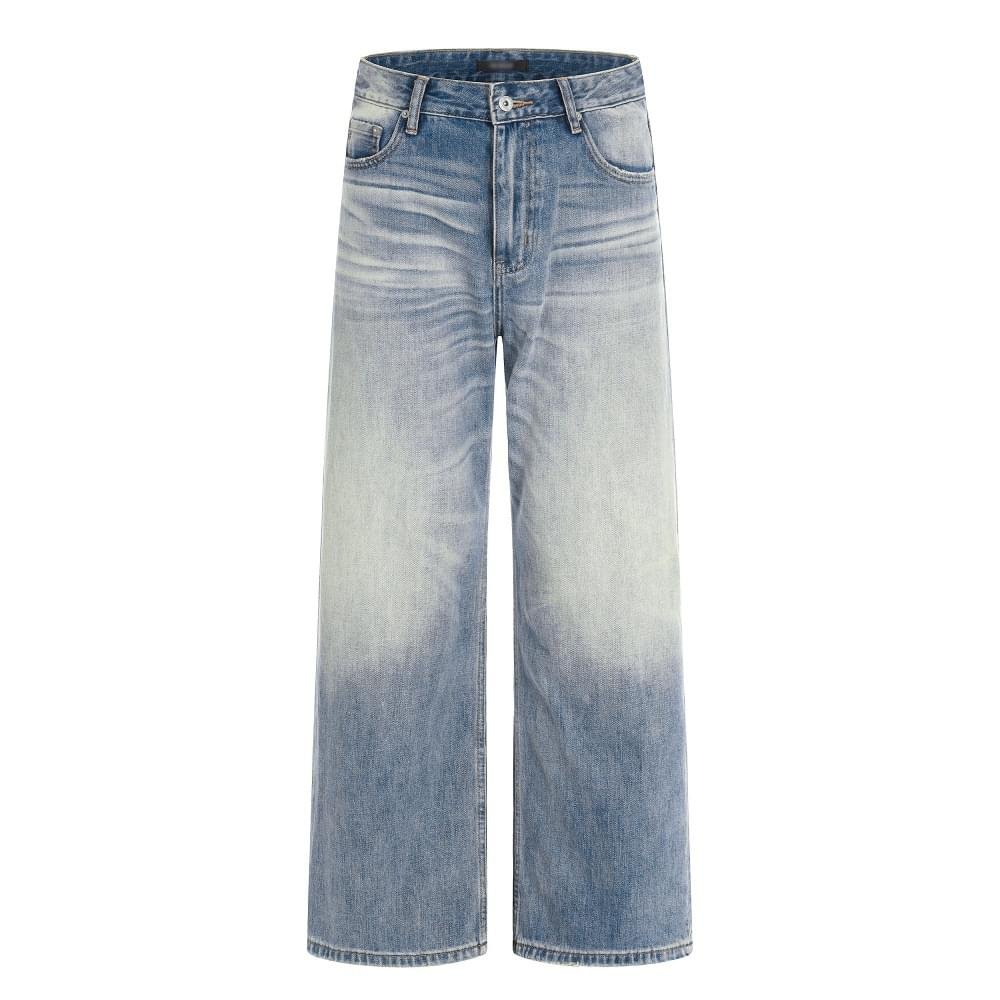 Men Loose Fit Washed Blue Denim Jeans Gradient Street Style Pants - Image 5