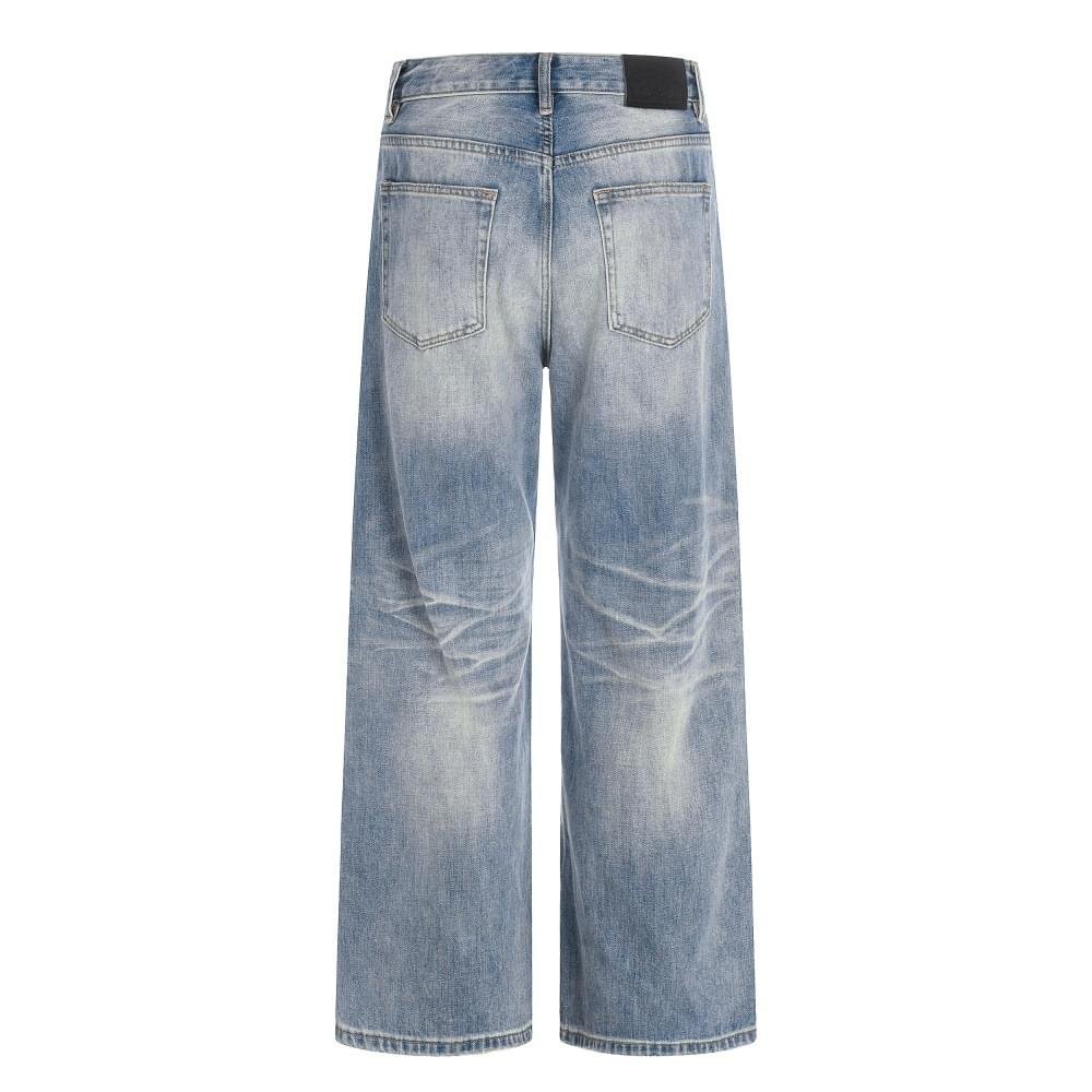 Men Loose Fit Washed Blue Denim Jeans Gradient Street Style Pants - Image 3