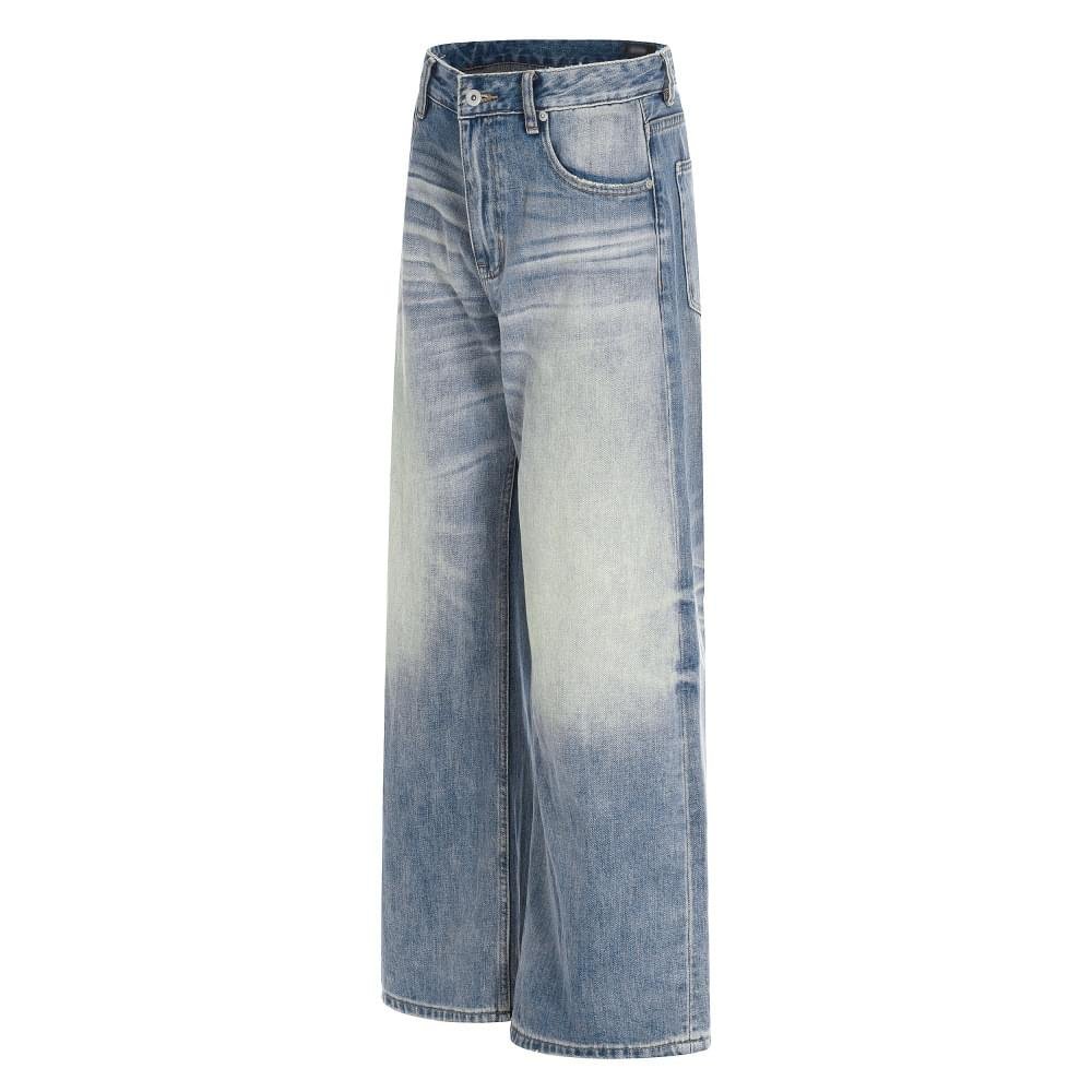 Men Loose Fit Washed Blue Denim Jeans Gradient Street Style Pants - Image 2