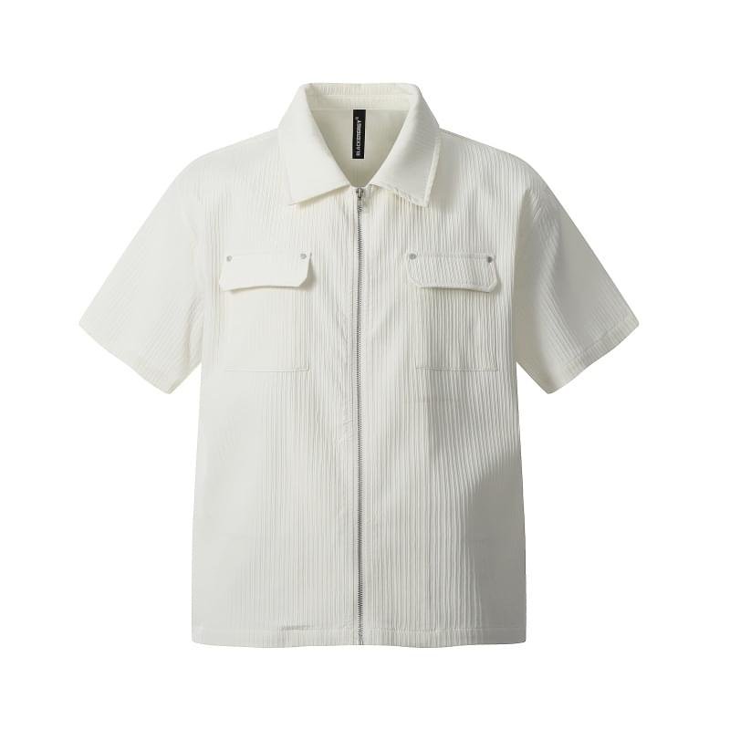 Men Short Sleeve Textured Zip Up Shirt Loose Fit Casual Summer Top - Image 6